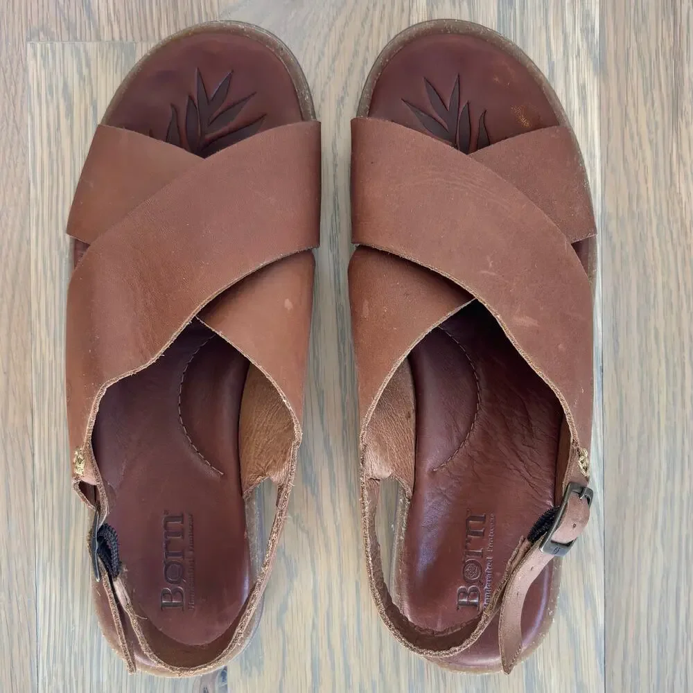 Born Leather Crisscross Slingback Comfort Sandals Brown Boho Womens Size 9 - Picture 5 of 9